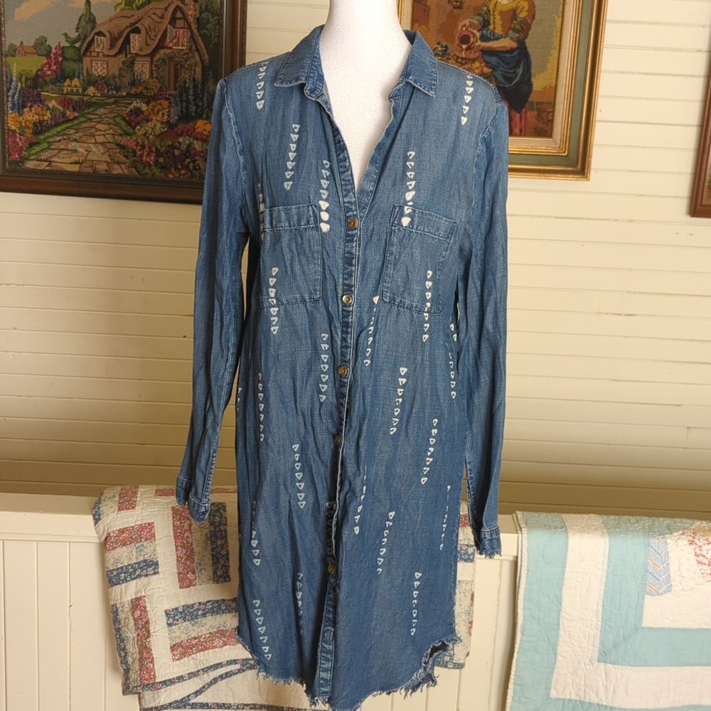 Cloth & Stone bleach print long sleeve chambray shirt dress size medium